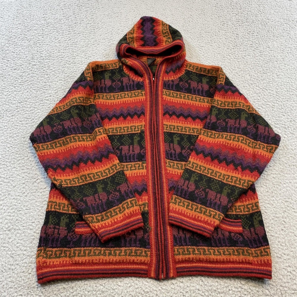 Arcohi's Sweater Womens Large Multicolor Hooded Full Zip Llama Alpaca Blend Knit